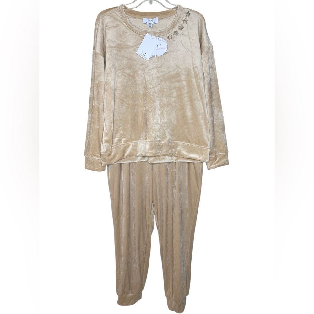 NWT! Magaschoni Velour Jogger Rhinestone Stars 2 Piece Lounge Set Champagne - L